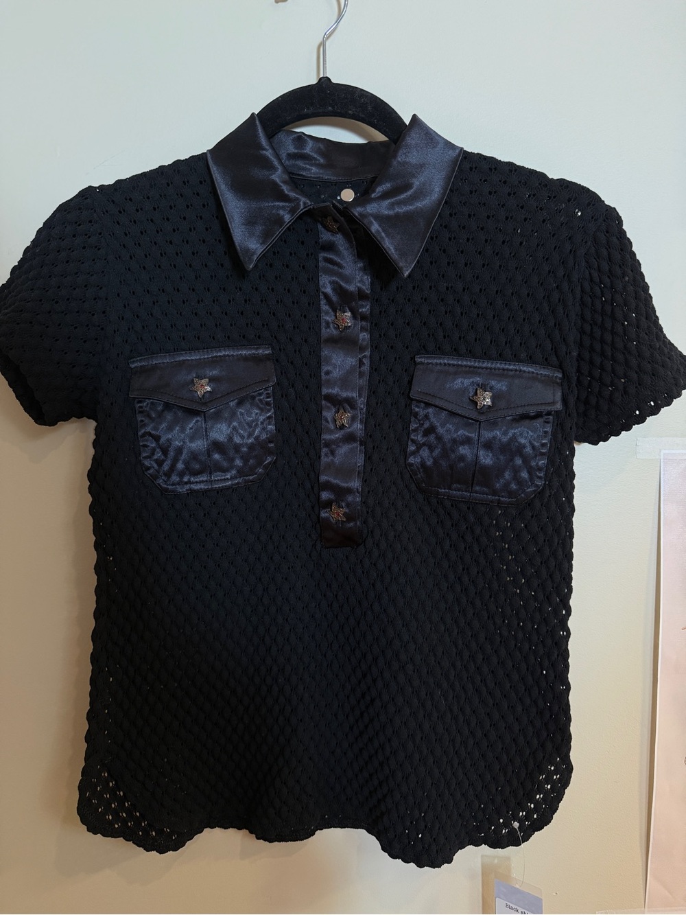 Black Satin-Trim Knit Polo Top